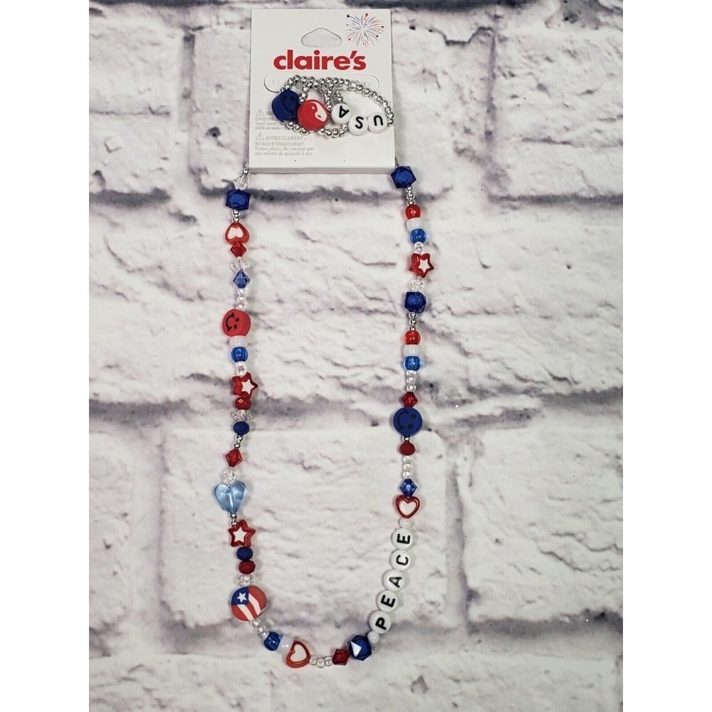 NEW Claire's Girls Jewelry Patriotic 4th July Beaded Necklace And 3 Ring Set